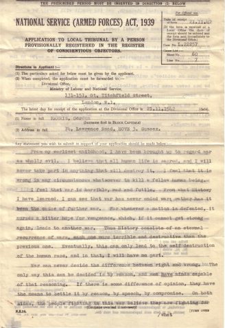 Official application by Gordon Harris to be registered as a conscientious objector