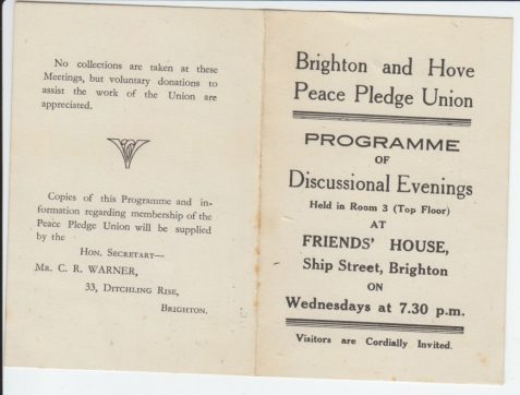 Programme of 'discussional' evenings at the Brighton and Hove Peace Pledge Union Group, held in top floor of Friends House, Ship Street, Brighton