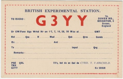 Sample blank QSL card from G3YY [presumably CTF's radio amateur call-sign, QSL is a Morse code abreviation of 'I confirm receipt of your communication'] whilst resident at 1a Dover Road, Brighton