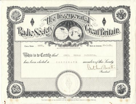 Certificate of Incorporated Radio Society of GB confirming CTF was elected a corporate member