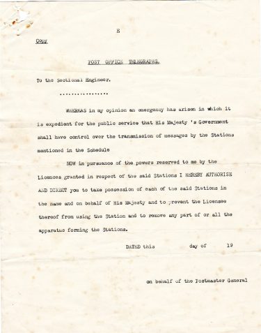 Letters from the Postmaster General concerning the authority of government officials to take possession of radio equipment