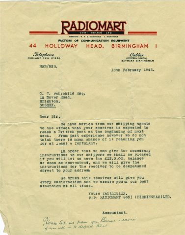 Letter to CTF from RadioMart regarding the arrival of a receiver at a British port