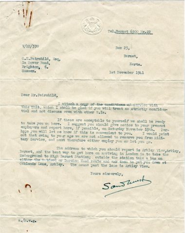 Letter from Lord Sandhurst regarding CTF's appointment to Arkley, attaching conditions of service
