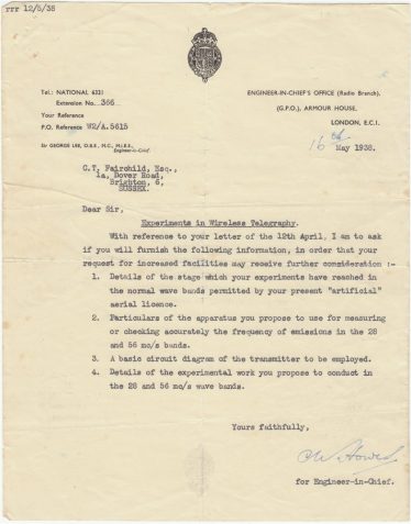 Letter concerning CTF's application for a radio licence to transmit from C.W. Howes (?)