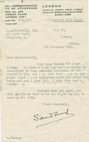 Letter from Lord Sandhurst about CTF's appointment to Arkley, reassuring him that his current employers are unlikely to 'reserve' him