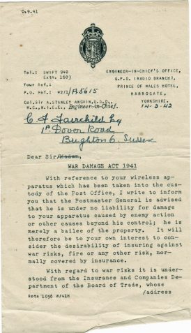 Letters from the Engineer in Chief's Office at the General Post Office (GPO) concerning the confiscation and return of CTF's radio apparatus, which was taken into government custody at the outbreak of war