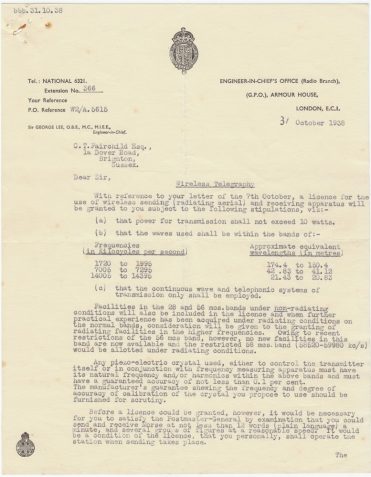 Letter granting CTF a licence to send radio signals from the Engineer-in-Chief