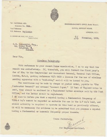Letter confirming that CTF had passed his Morse exam
