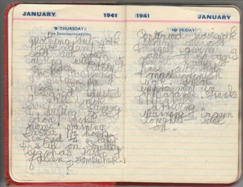 Pages from thr diary of Hinda Harris, with entries for 9 and 10 January 1941