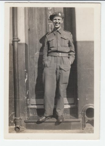 Photograph of Jack Bilton, Queens Own Canadian Rifles, outside 49 Ashton Street, Brighton, the home of Rose Speed and Beryl Speed