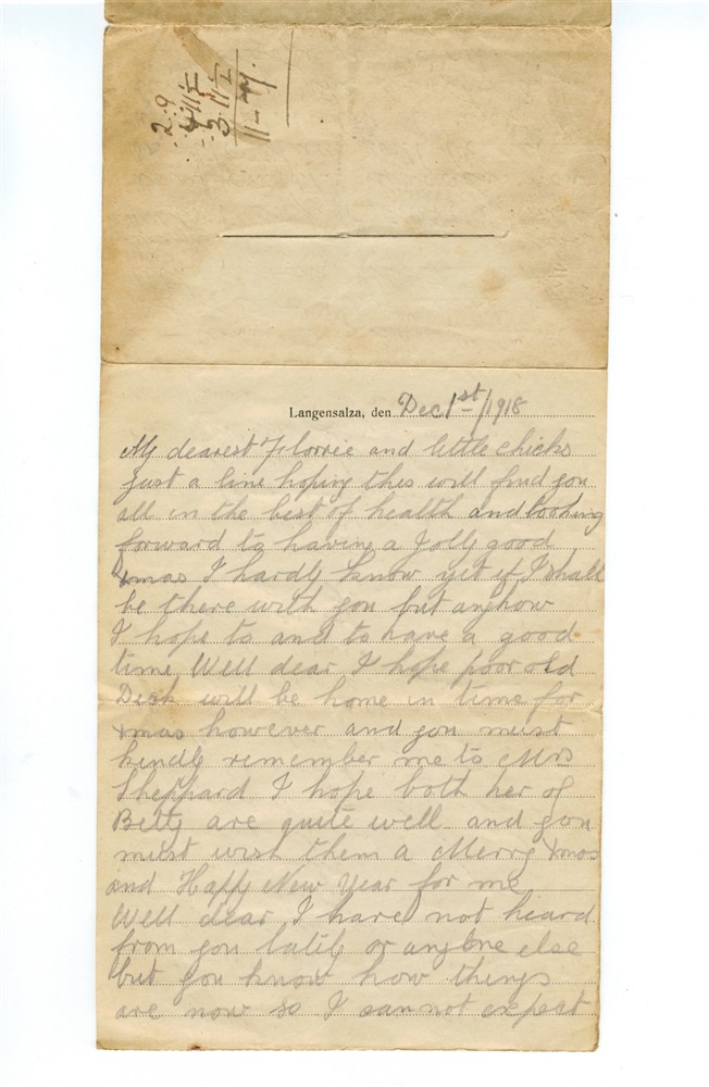 Letter from Alfred Langrish to his wife Florence from Langensalza POW ...