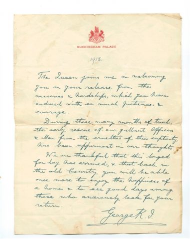 Letter from Buckingham Palace, apparently signed by George V, congratulating Alfred Langrish on his release from Langensalza prisoner of war camp, Germany