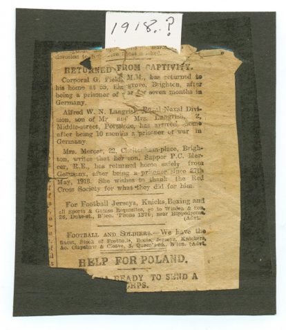 Newspaper cutting containing notice about the return of of Alfred Langrish to his parents at 2 Middle Street, Portslade, after being held for 10 months as a prisoner of war