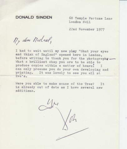 Letter from Donald Sinden to his cousin Michael Sinden thanking him for making photographs of the original family photos and documents that DS had previously sent to him