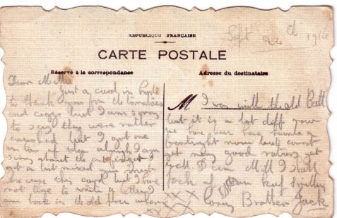 Postcard sent to Emilia 'Millie' Mary Steel, later Lander (Victor Lander's mother) from her brother Lance Corporal Alfred John Steel ('Jack') from France