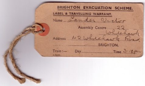 Brighton Evacuation Scheme label and travel warrant for Victor Lander