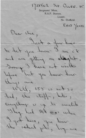 Letter from Sergeant Kenneth Ealy Oclee to his friend Leading Aircraftman Percy John Lander