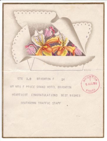 Greetings telegram sent to 'Mr Mrs F Price' at the Grand Hotel, Brighton