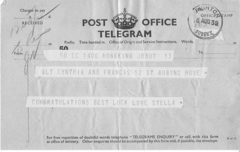 Telegram sent to 'Cynthia and Francis', 12 St Aubyns, Hove