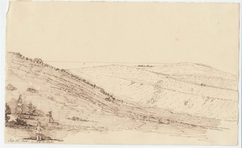 Pen-and-ink drawing marked 'Road to the Dyke'