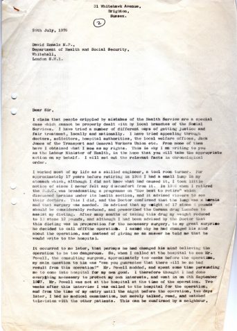 Letter from Les Moss to David Ennals MP, Department of Health and Social Security, Whitehall, London