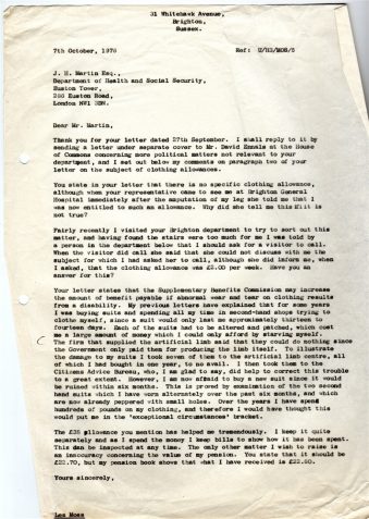 Letter from Les Moss to JH Martin at the Department of Health and Social Security 286 Euston Road, London, replying to JH Martin's letter LIA_43_2