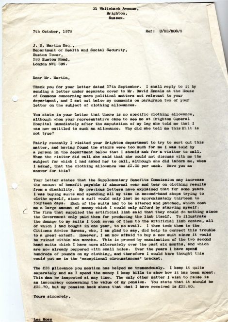 Letter from Les Moss to JH Martin at the Department of Health and Social Security 286 Euston Road