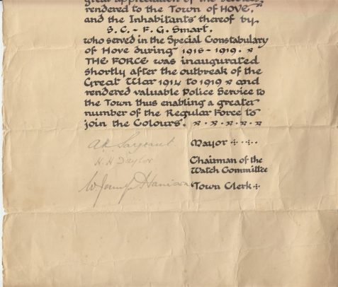 Certificate from the Borough of Hove in recognition of the service as a Special Constable from 1918-1919 by Frederick Harry Smart (though the second initial on the certificate is given as G)