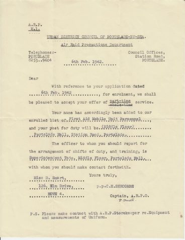 Letter confirming acceptance of Miss D Smart into the First Aid Mobile Unit Personnel, part of the Air Raid Precautions Department