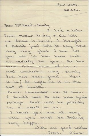 Letter from Olive (a friend) to Mrs Alice Smart and family sending congratulations on the release of Ronnie (Ronald Smart) from a POW camp