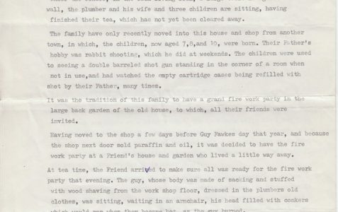 'The Big Bang', a 2-page typed reminiscence of a firework explosion in Coleridge Street, Hove on 5 Nov 1938 written in the 1980s for Eileen Odom's grandchild