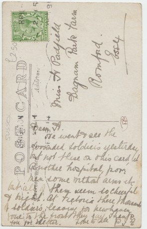 Postcard entitled 'British Heroes at Grammer School Dyke Road Brighton' written to a Miss Padfield of Romford, Essex, writing of visiting wounded soldiers