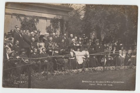 Postcard showing the opening of St Ann's Well Gardens, Hove, on 23 May 1908