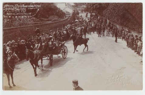 Postcard showing arrival of Mayor at opening of St Anne's Well Gardens