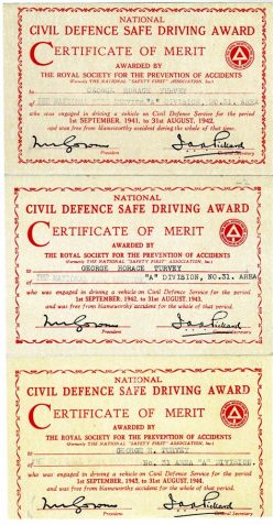 Three National Civil Defence Safe Driving Certificate of Merits from the Royal Society for the Prevention of Accidents presented to George Horace Turvey