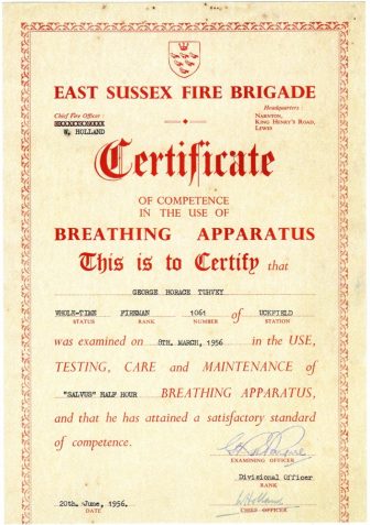 Certificate of Competence in the use of Breathing Apparatus presented to George Horace Turvey by the East Sussex Fire Brigade