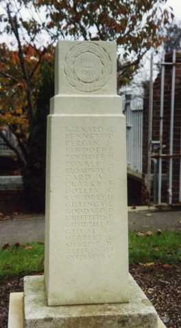 Photograph of memorial at Stanford Road Infants School, Brighton, where Frederick George Stoner was a pupil, his name is inscribed on the other side.