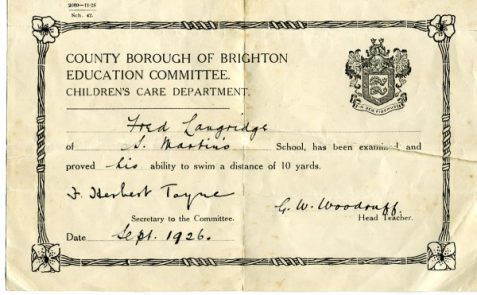 School certificate for Frederick Arthur Langridge stating that he can swim 10 yards