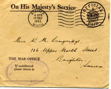 Letter and envelope from the Infantry Record Office to Kathleen Mary Langridge (née Stoner)