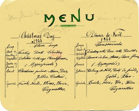 Christmas Day 1944, menu in English and French, for the Monastery Internment Camp near Jerusalem