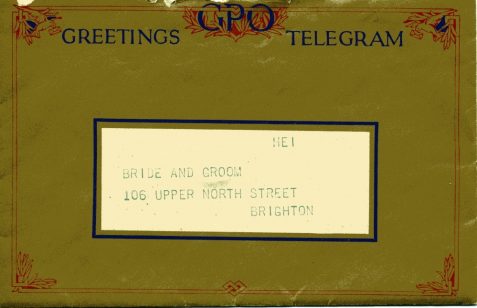 Greetings telegram, with envelope, addressed to the bride and groom, Frederick Arthur Langridge and Kathleen Mary Stoner
