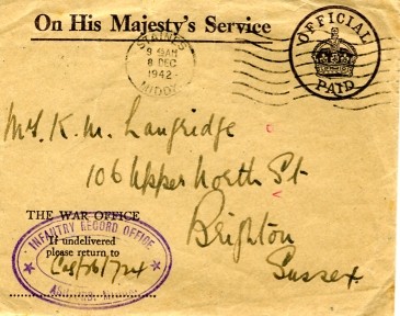 Telegram from Frederick Arthur Langridge to his wife, Kathleen Mary Langridge (née Stoner), advising her that he is in hospital.