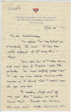 Letter from Daniel Nicholas Clark-Lowes (1911-2000),  Military College, Stoke-on-Trent, Staffordshire to his wife, Audrey Frances Scarth Clark-Lowes, née Dixon at Haltwhistle, Northumberland