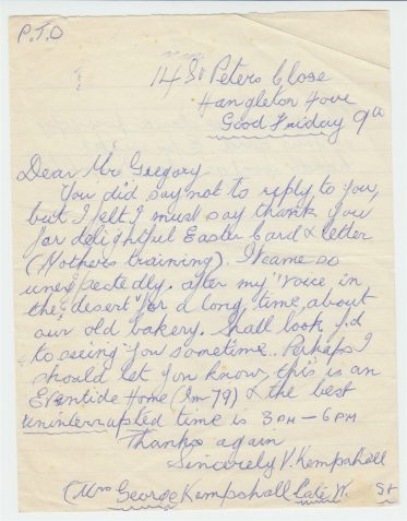Letter of thanks from Violet Kempshall to RWPG