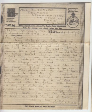 Airgraph from RWPG on active service in Egypt to Mrs A. Taylor