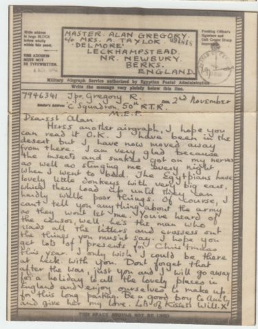 Airgraph from RWPG on active service in Egypt to his brother Alan Gregory, aged 11