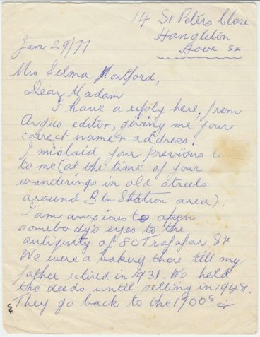 Letter from Violet Kempshall, née Bowley describing the bakery at 80 Trafalgar Street, Brighton