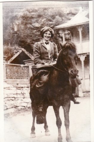 Photograph of Margery Gladys Farnell on horseback in India
