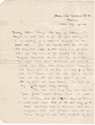 Letter from JB to his daughter, Eve Bethell (then aged 5)