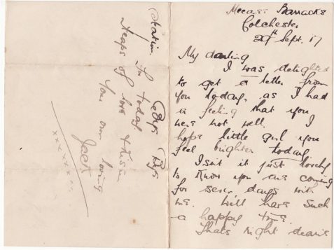 Letter from John Leech to Amelia Rose Rowe whilst JL was stationed in Colchester, Essex